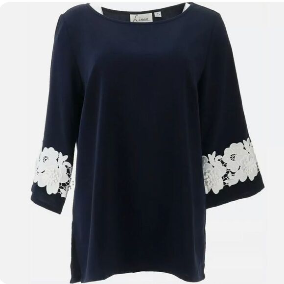 Linea by Louis Dell'Olio Lace Applique on Sleeve Pullover Top - Picture 2 of 5